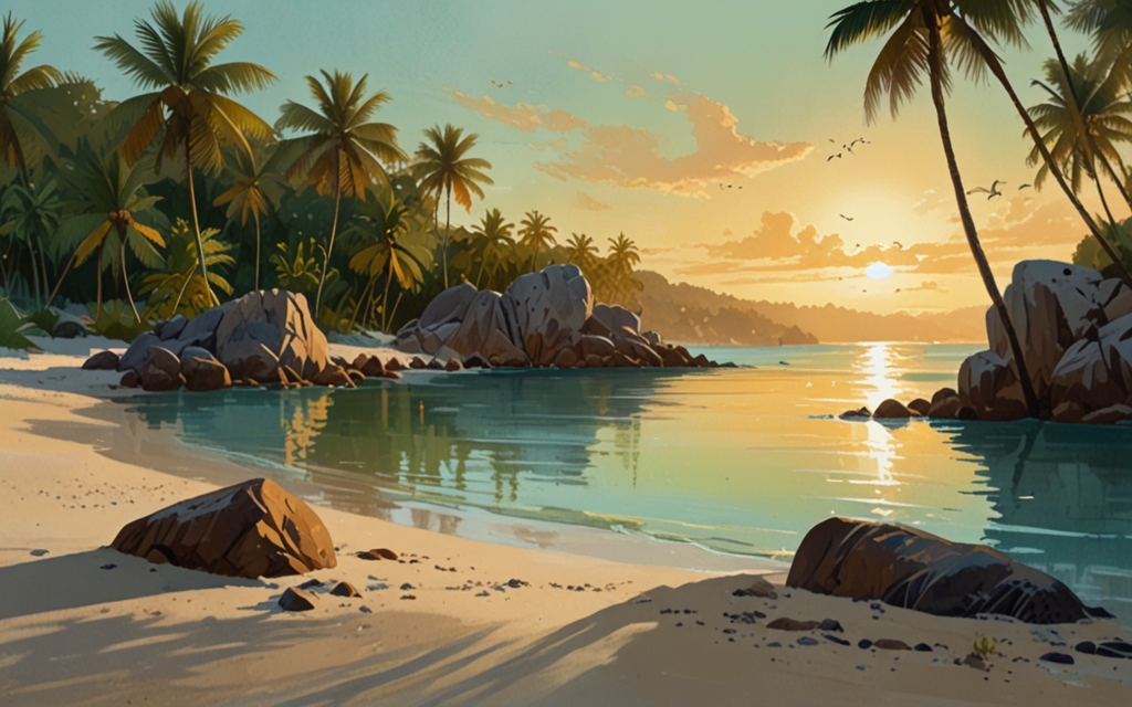 Seychelles — a landscape evoking the country, painted illustration